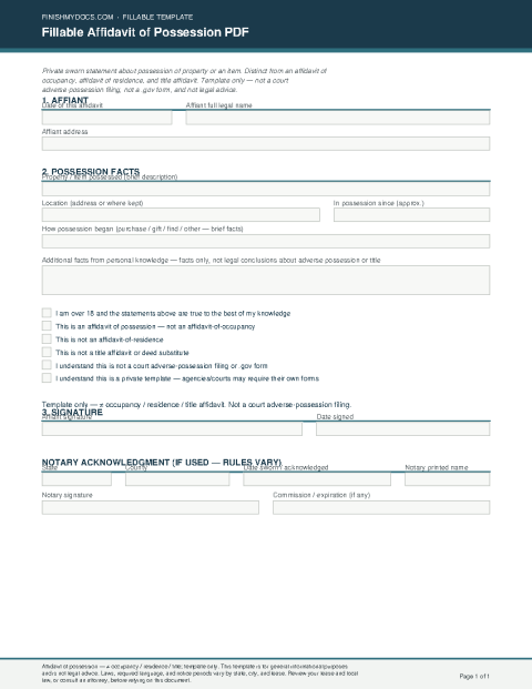 Fillable Affidavit of Possession PDF preview thumbnail