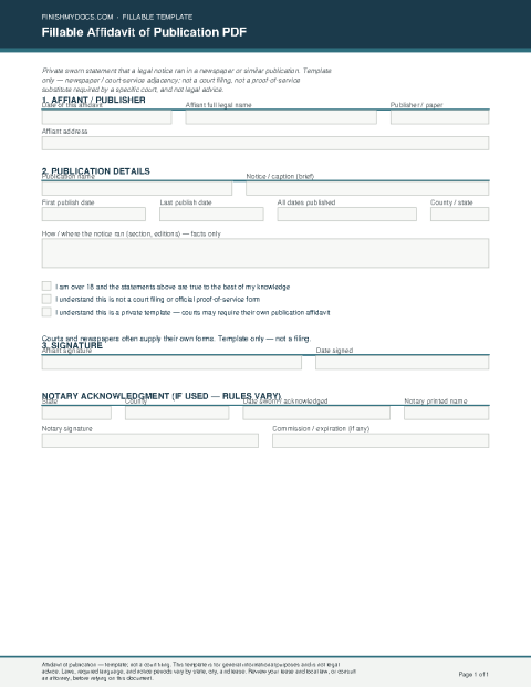 Fillable Affidavit of Publication PDF preview thumbnail