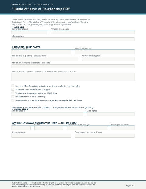 Fillable Affidavit of Relationship PDF preview thumbnail