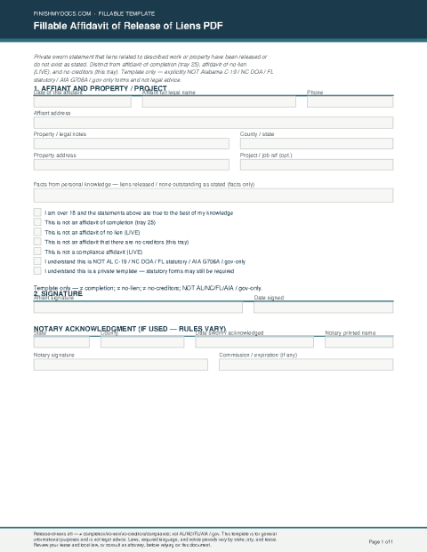 Fillable Affidavit of Release of Liens PDF preview thumbnail