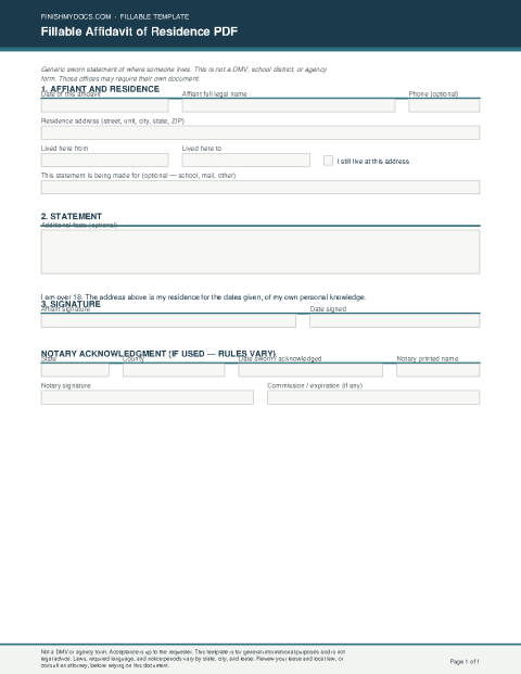 Fillable Affidavit of Residence PDF preview thumbnail