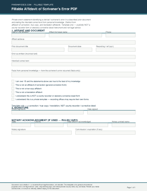 Fillable Affidavit of Scrivener's Error PDF preview thumbnail