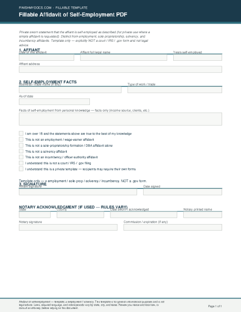 Fillable Affidavit of Self-Employment PDF preview thumbnail