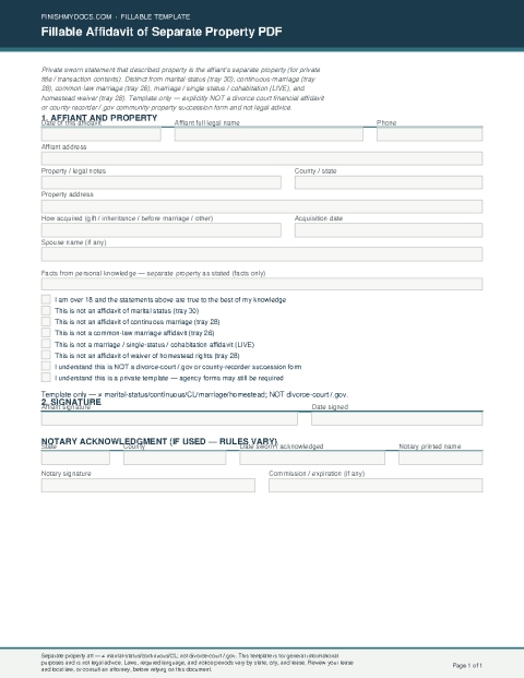 Fillable Affidavit of Separate Property PDF preview thumbnail