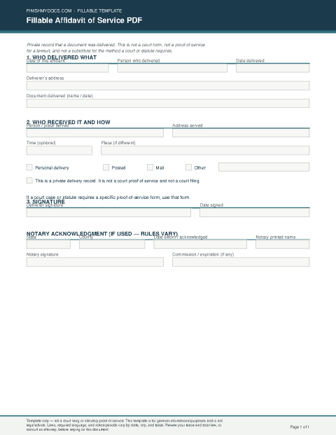 Fillable Affidavit of Service PDF preview thumbnail