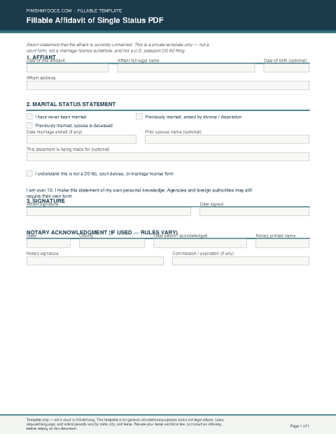Fillable Affidavit of Single Status PDF preview thumbnail