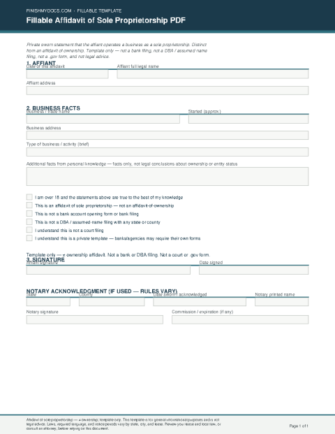 Fillable Affidavit of Sole Proprietorship PDF preview thumbnail