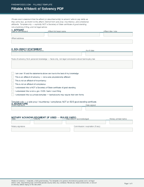 Fillable Affidavit of Solvency PDF preview thumbnail