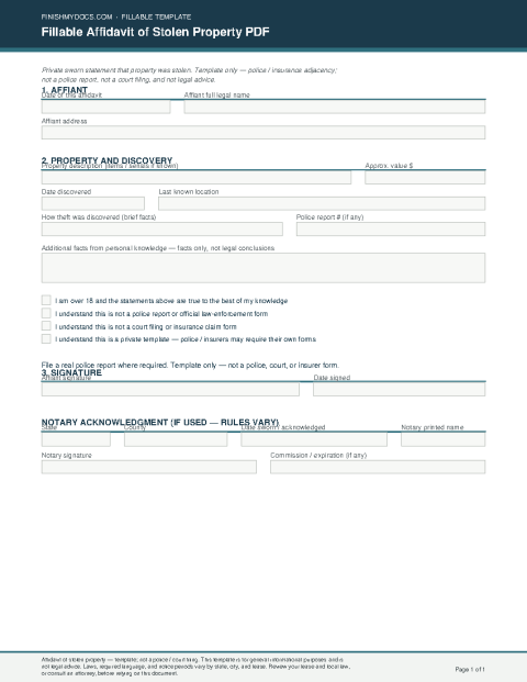 Fillable Affidavit of Stolen Property PDF preview thumbnail