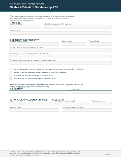 Fillable Affidavit of Survivorship PDF preview thumbnail