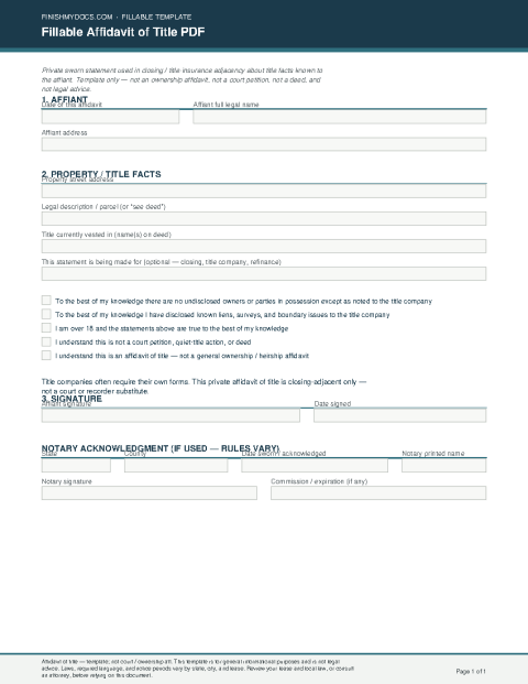 Fillable Affidavit of Title PDF preview thumbnail