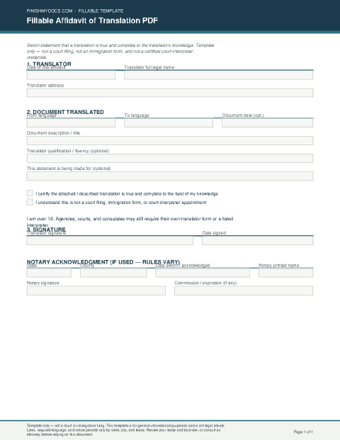 Fillable Affidavit of Translation PDF preview thumbnail
