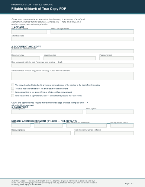 Fillable Affidavit of True Copy PDF preview thumbnail