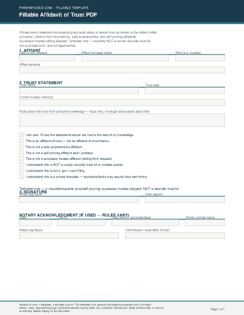 Fillable Affidavit of Trust PDF preview thumbnail