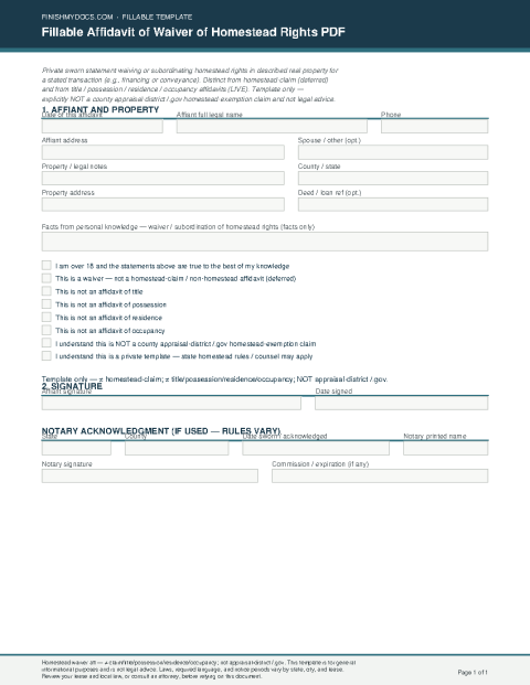 Fillable Affidavit of Waiver of Homestead Rights PDF preview thumbnail