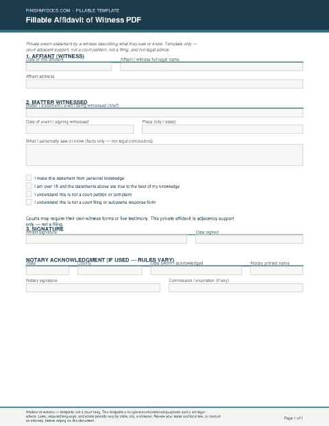 Fillable Affidavit of Witness PDF preview thumbnail