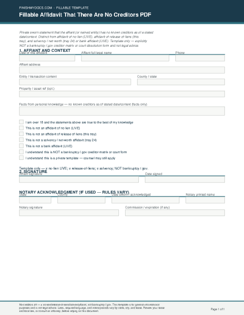 Fillable Affidavit That There Are No Creditors PDF preview thumbnail