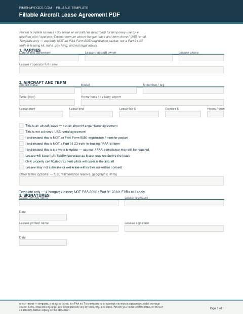 Fillable Aircraft Lease Agreement PDF preview thumbnail