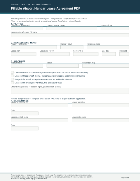 Fillable Airport Hangar Lease Agreement PDF preview thumbnail