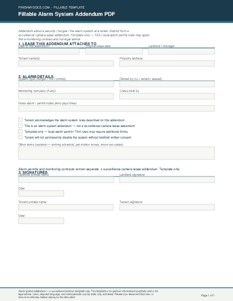 Fillable Alarm System Addendum PDF preview thumbnail