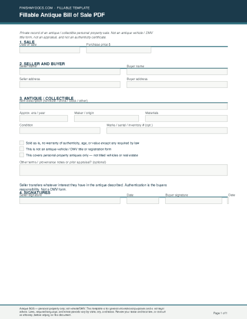 Fillable Antique Bill of Sale PDF preview thumbnail