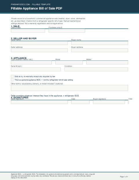 Fillable Appliance Bill of Sale PDF preview thumbnail
