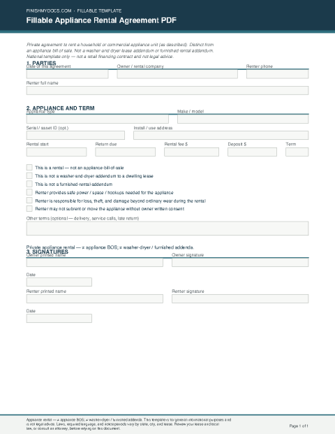 Fillable Appliance Rental Agreement PDF preview thumbnail