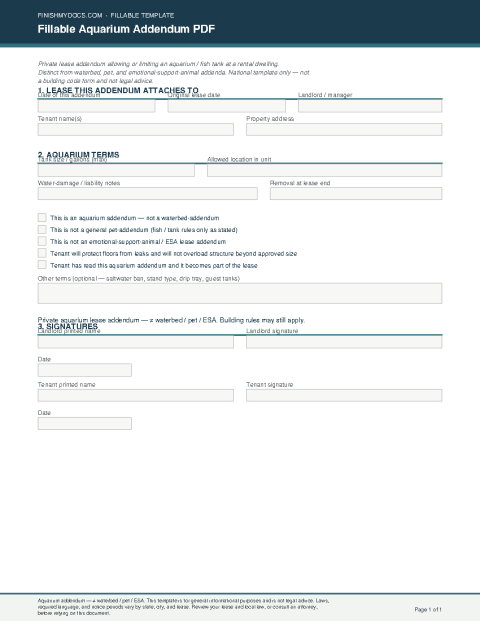 Fillable Aquarium Addendum PDF preview thumbnail