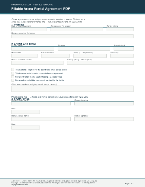 Fillable Arena Rental Agreement PDF preview thumbnail
