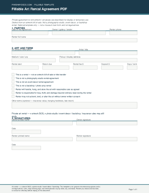 Fillable Art Rental Agreement PDF preview thumbnail