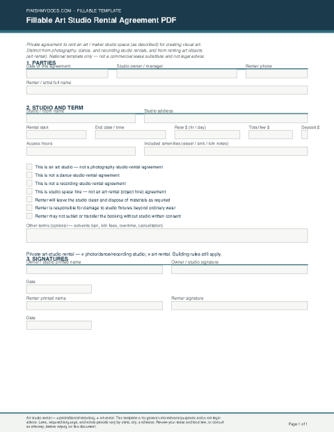 Fillable Art Studio Rental Agreement PDF preview thumbnail