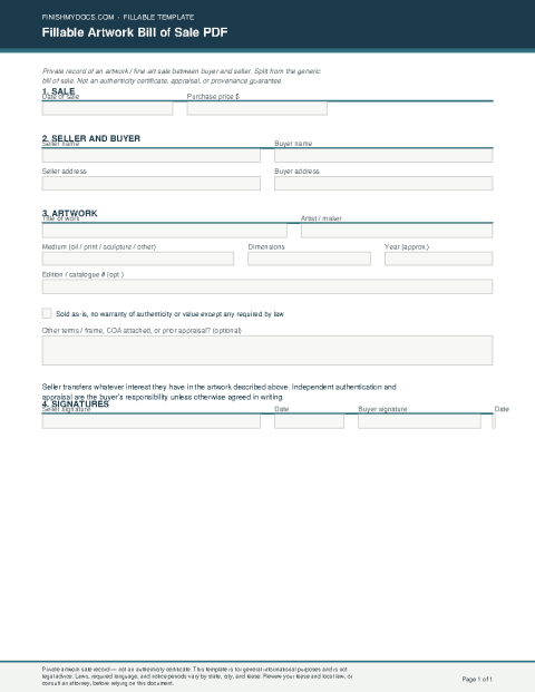 Fillable Artwork Bill of Sale PDF preview thumbnail