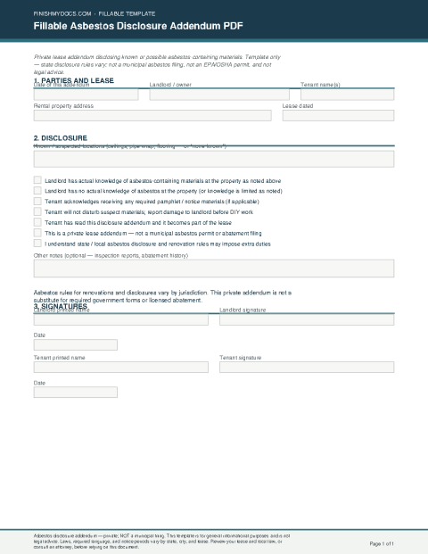 Fillable Asbestos Disclosure Addendum PDF preview thumbnail