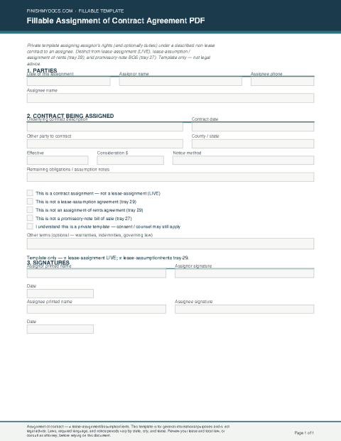 Fillable Assignment of Contract Agreement PDF preview thumbnail