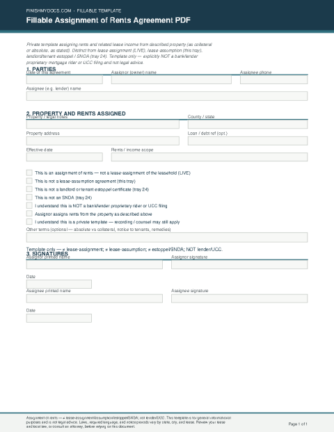 Fillable Assignment of Rents Agreement PDF preview thumbnail