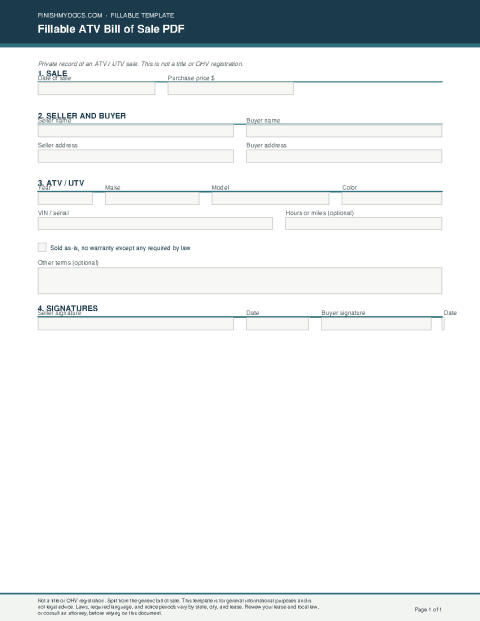 Fillable ATV Bill of Sale PDF preview thumbnail