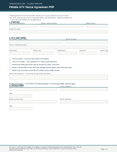 Fillable ATV Rental Agreement PDF preview thumbnail