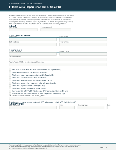Fillable Auto Repair Shop Bill of Sale PDF preview thumbnail