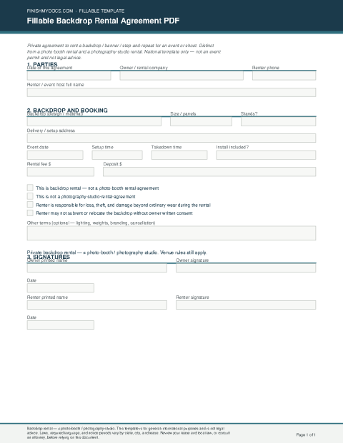 Fillable Backdrop Rental Agreement PDF preview thumbnail