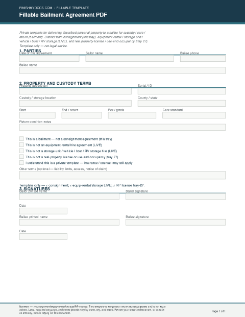 Fillable Bailment Agreement PDF preview thumbnail
