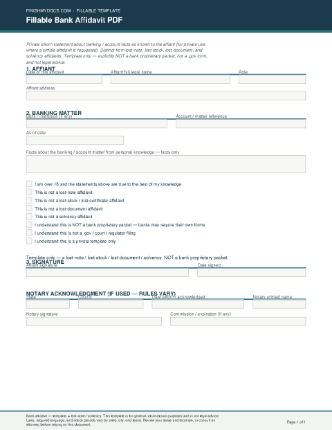 Fillable Bank Affidavit PDF preview thumbnail