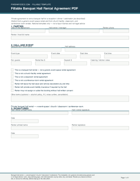 Fillable Banquet Hall Rental Agreement PDF preview thumbnail