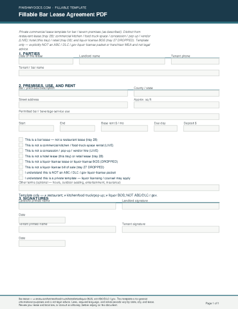 Fillable Bar Lease Agreement PDF preview thumbnail