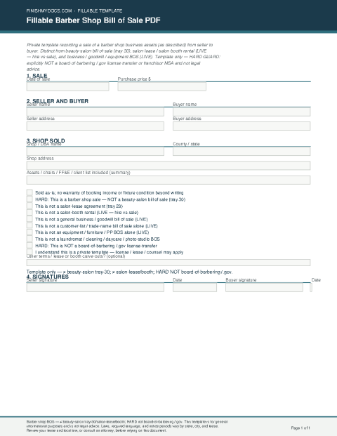 Fillable Barber Shop Bill of Sale PDF preview thumbnail