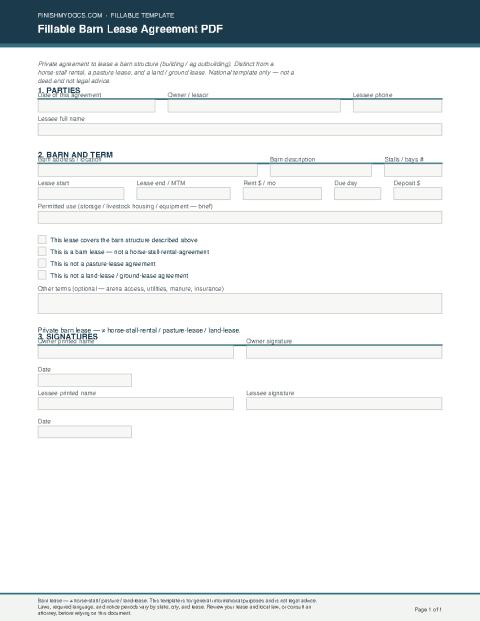 Fillable Barn Lease Agreement PDF preview thumbnail