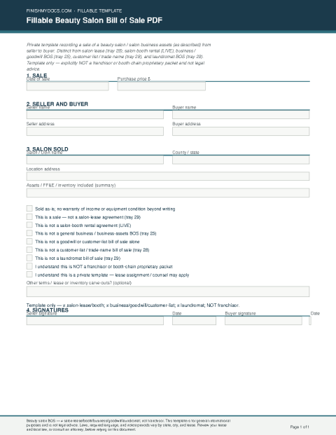 Fillable Beauty Salon Bill of Sale PDF preview thumbnail
