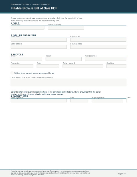 Fillable Bicycle Bill of Sale PDF preview thumbnail