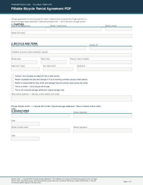 Fillable Bicycle Rental Agreement PDF preview thumbnail