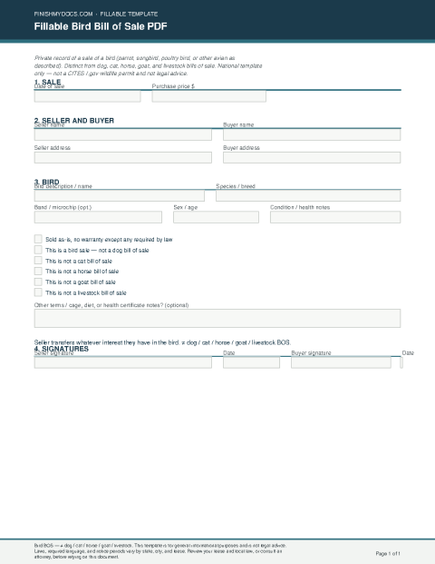 Fillable Bird Bill of Sale PDF preview thumbnail