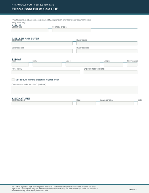 Fillable Boat Bill of Sale PDF preview thumbnail
